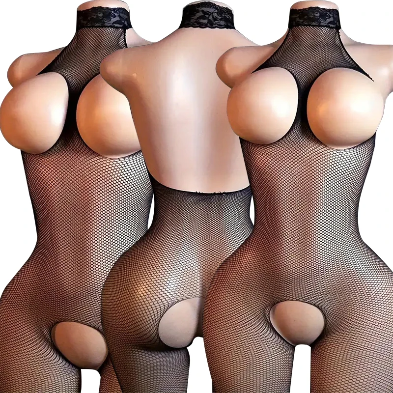 Babydoll de peluche con sujetador abierto para mujer, vestido de rejilla, lencería erótica sin entrepierna, medias largas huecas de malla Sexy, ropa interior porno
