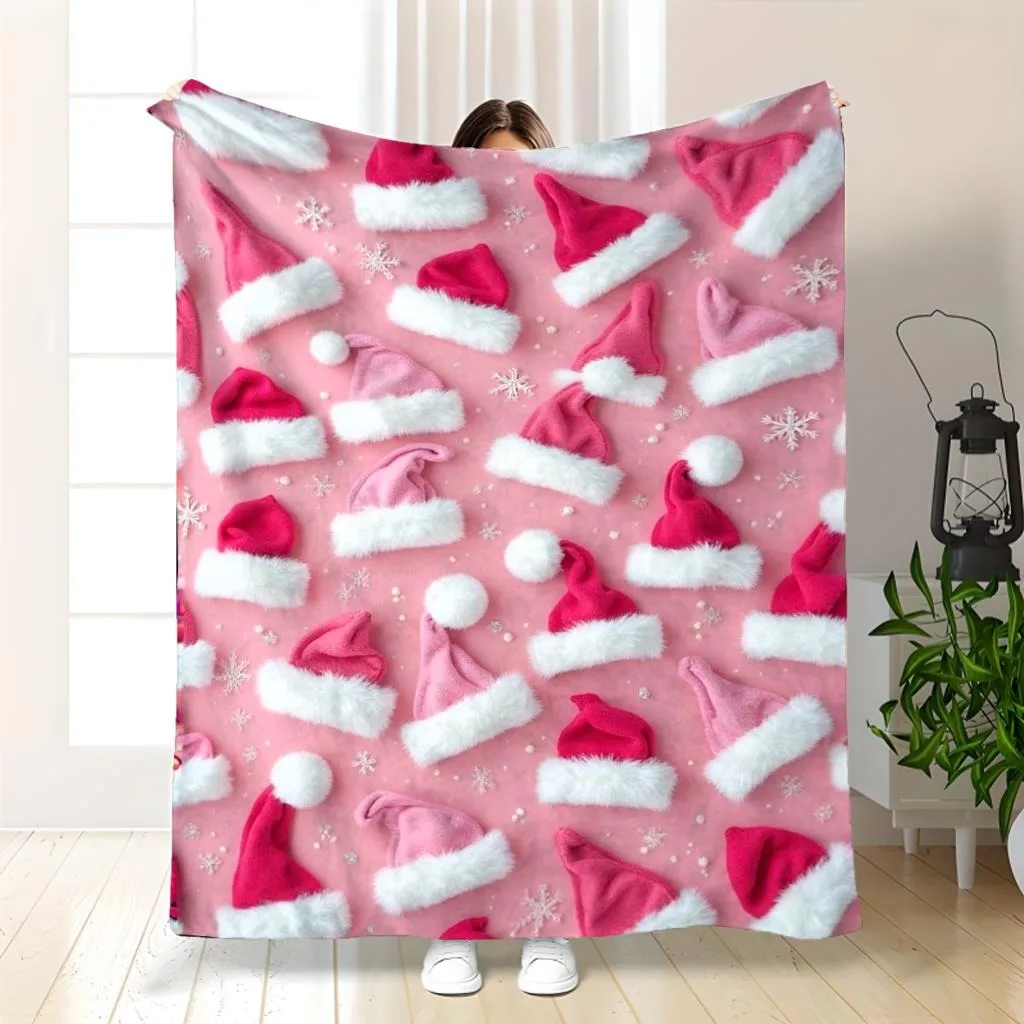 

A pink, white, and grey velvet blanket with pink polka dots, white hearts, and red bow tassels, suitable for sofa bed decor.