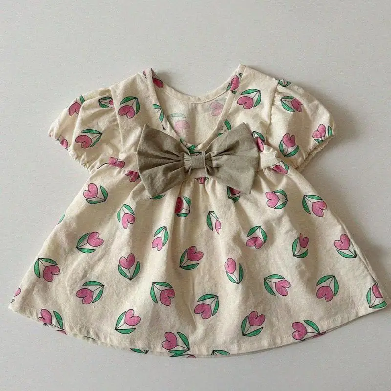 

2026 Summer New Girls Short Sleeve Dress Children Thin Casual Dress Baby Girl Cute Print Bow Princess Dress Cotton Kids Clothes