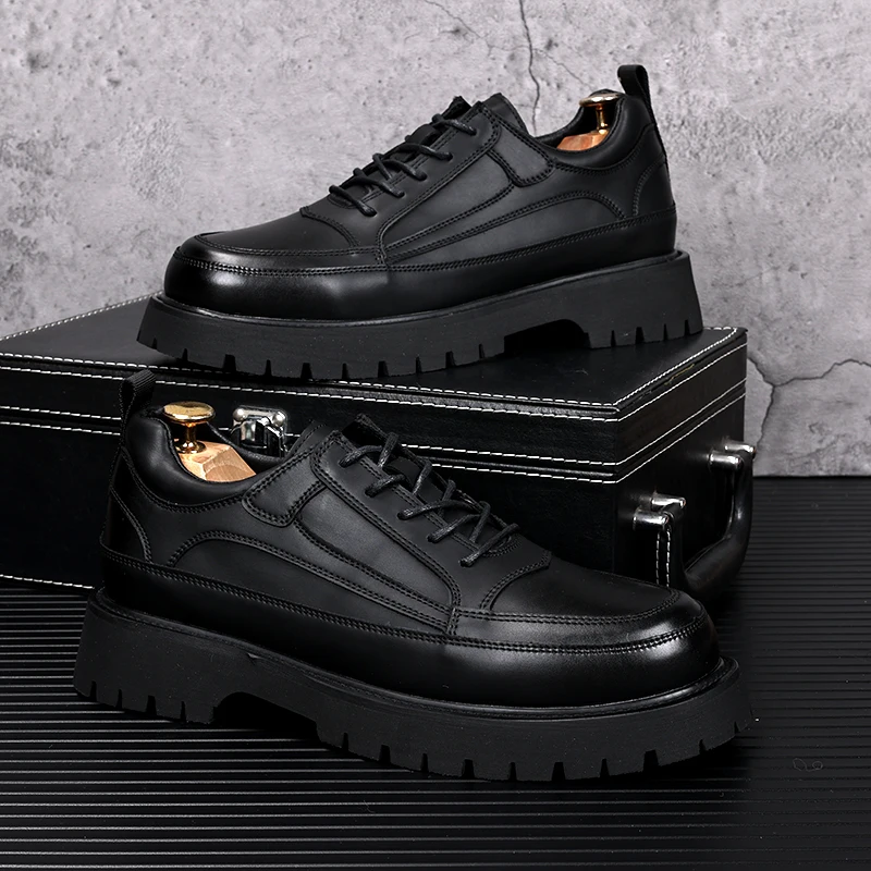 

mens fashion party banquet dress platform shoes black trend lace-up oxfords shoe breathable genuine leather sneakers footwear