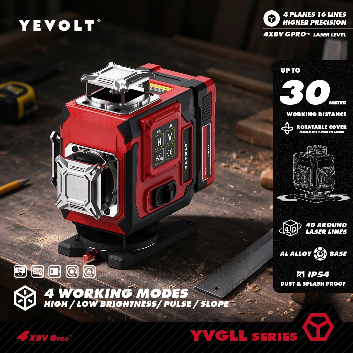 YEVOLT 16 Line 4D Green Self Level Laser Instrument for Household DIY Entryway Tile Molding Picture Hanging Alignment Tasks
