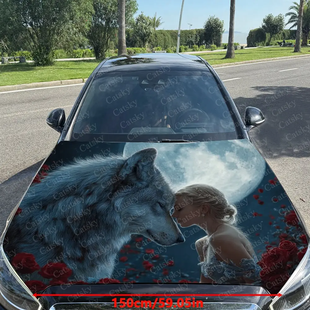 Night Moon Red Rose Princess And Wolf Car Hood Vinyl Wraps, PVC Waterproof Car Bonnet Decals, Self-Adhesive Scratch-Resistant St