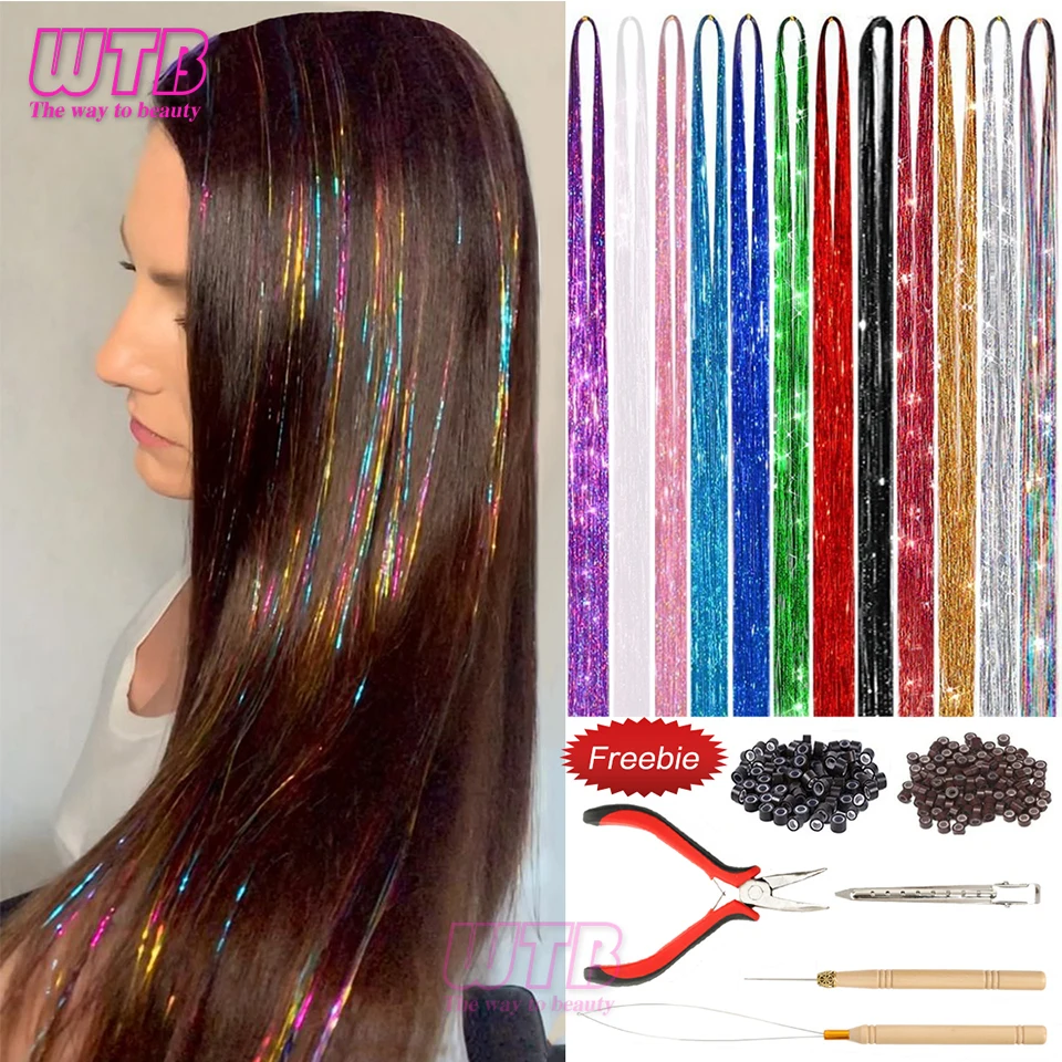 

12 Pcs Multicolor Colorful Sparkle Synthetic Extensions Hair Piece 48 Inch Extra Long Straight Hair Tinsel With 6pcs Hair Tool