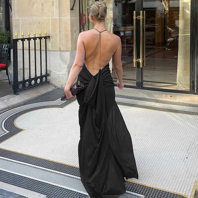 

Ticketsx Elegant Backless Split Long Dress Black Halter Neck Ruched Patchwork Slim Women's Dress Fashion New Party Evening Dress