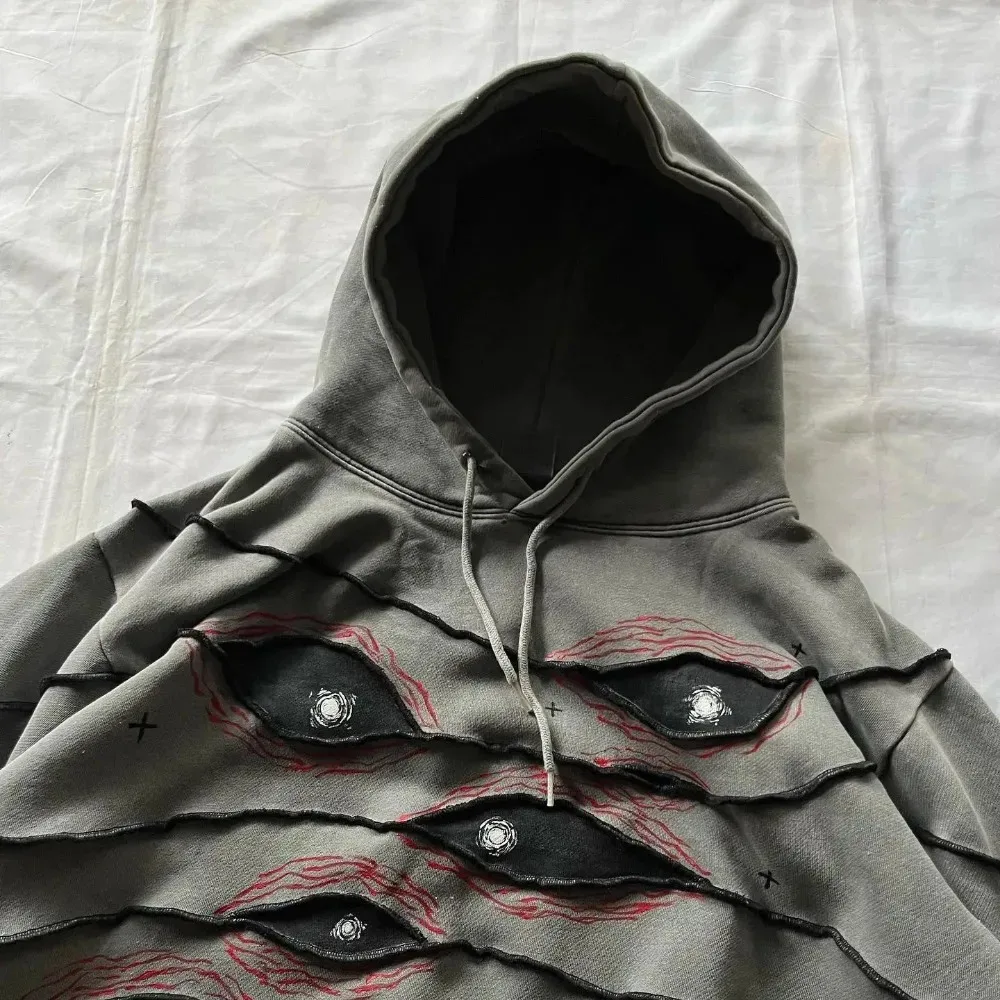 Y2K Eye Patchwork Sweatshirt Mens Womens Fashion Harajuku Gothic Graphic Pullover Hoodie Retro Embroidered Gray Hoodies Clothing