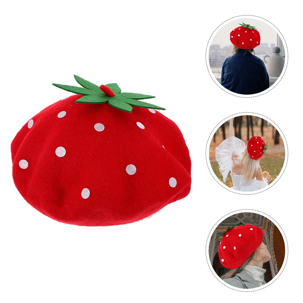 

Strawberry Beret Artist Hat Furry Bucket Hats for Women Party Shape Headwear Novelty Plush French