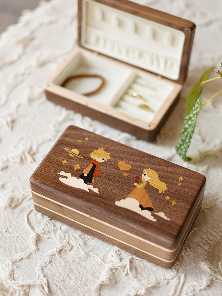 Prince Princess Wooden Jewelry Box Black Walnut Single Double Layer Portable Storage Organizer Valentine's Birthday Gifts