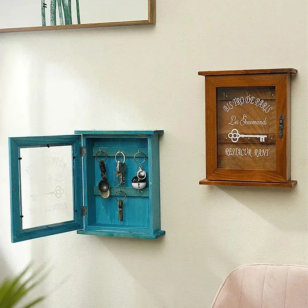 Hanging Wall Vintage Wooden Key Storage Box Hook Rack Family Housekeeper Blue Brown Cabinet Nordic Practical Modern Decoration