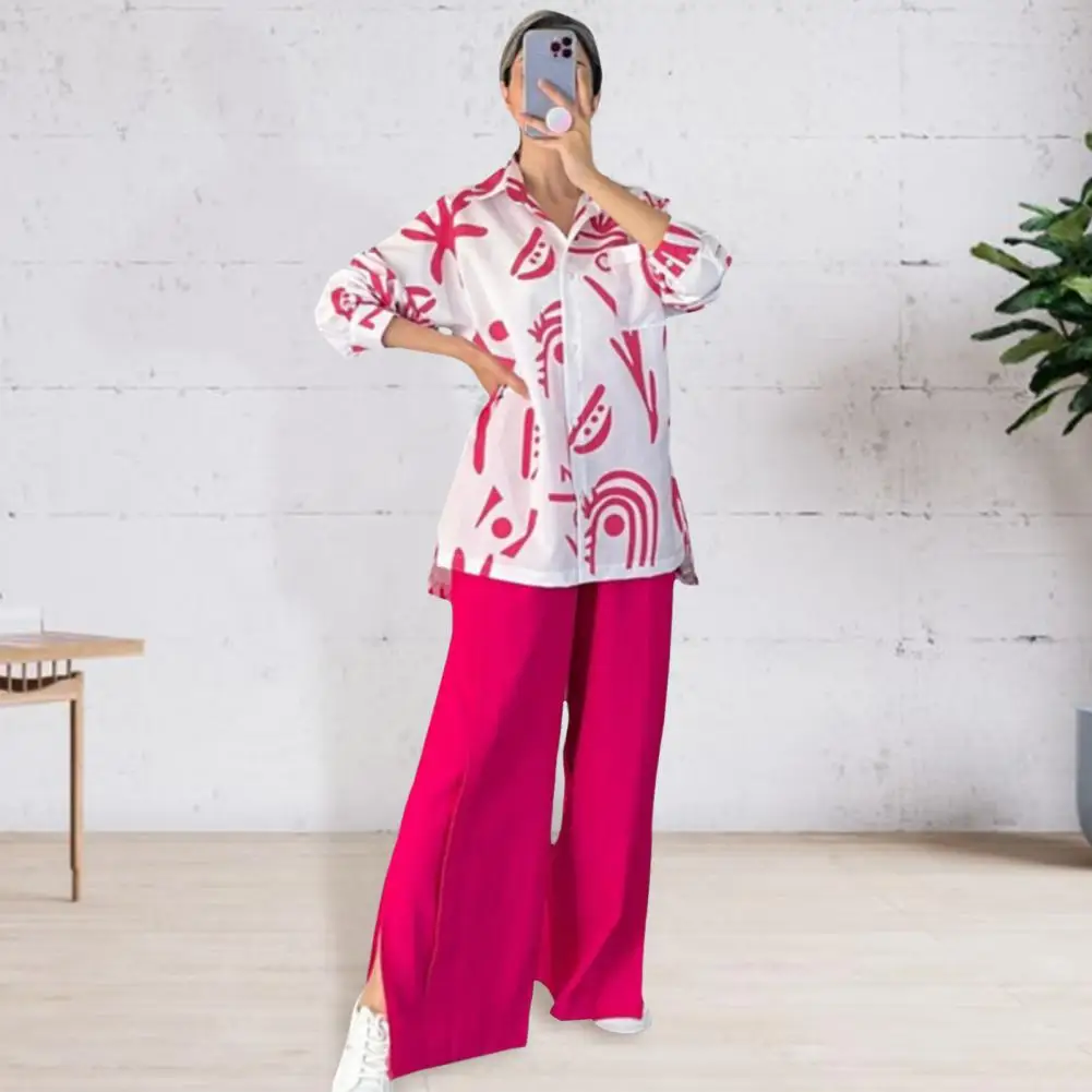 

Loose Casual Shirt Pants Set Women's Printed Shirt Pants Set with Lapel Collar Chest Pocket Casual Outfit with Stretchy Waist