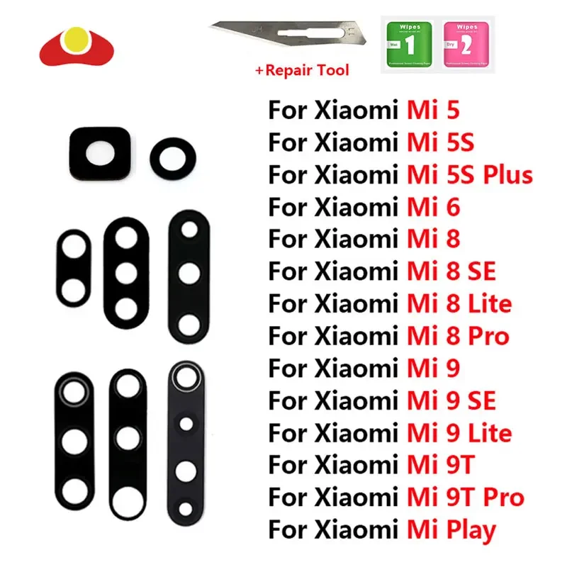 Kaca lensa kamera belakang, bagian pengganti alat esive untuk Xiaomi Mi 5 5S Plus 6 8 Lite 9 SE 9T Pro Play Mi6 Mi8 Mi9 dengan