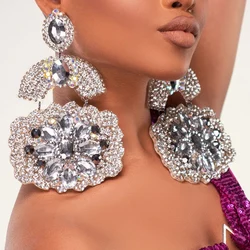 Geometric Rhinestone Flower Exaggerate Earrings Prom for Women Statement Oversize Crystal Hanging Earrings Bridal Ear Jewelry