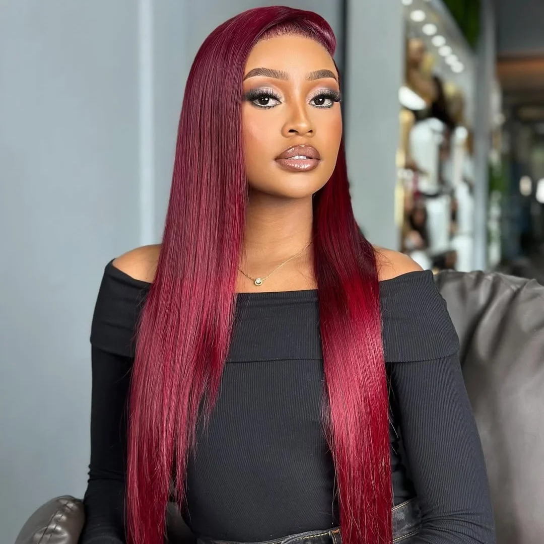 

Straight Burgundy 99J Red Color Transparent Lace Front Wigs Human Hair 13x4 220% Density Pre Plucked Lace Frontal Wig For Women