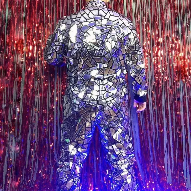 쇼걸 파티 의상 럭셔리 쇼걸 코스튬 럭셔리 파티 의상 실버 남성용 반짝이 반사 레이저 점프수트 오버올 가수 B