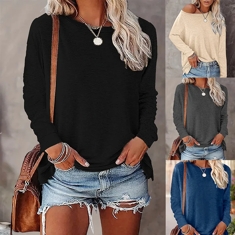 

Autumn and winter new elegant solid color long-sleeved T-shirt women's crew neck jumper top Y2K loose fashion casual top