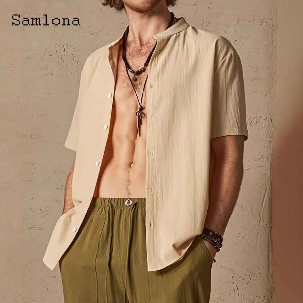 2025 Summer New Patchwork Shirts Apricot Notched Shirt blusas Men Casual Retro Blouse Plus Size Mens Fashion Street Camisa Tops