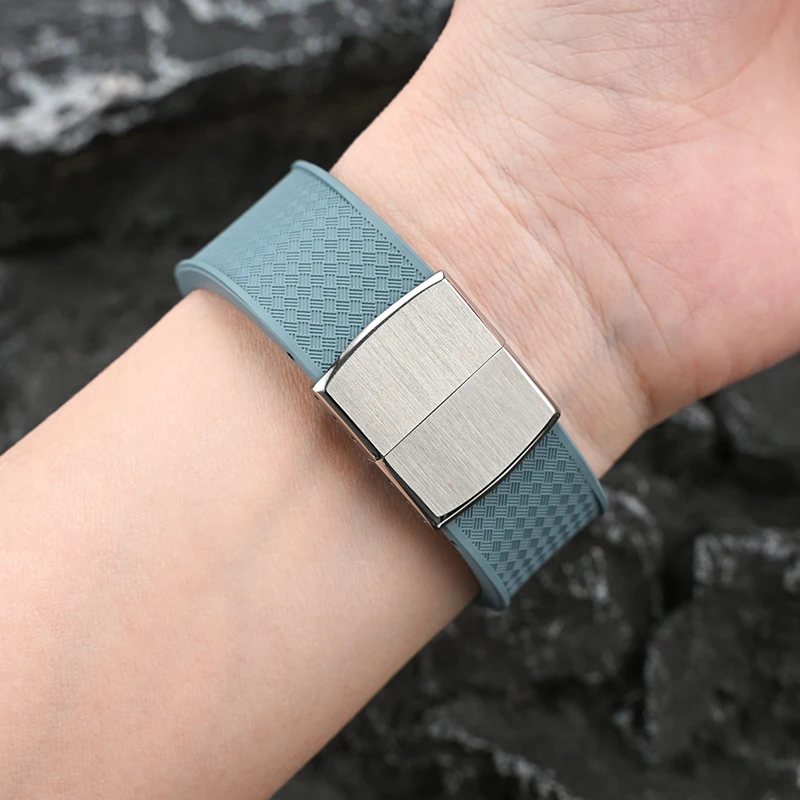 FKM حزام (استيك) ساعة فلورو المطاط حزام 18/19/20/21/22 مللي متر الإفراج السريع للطي المشبك قطع إلى حجم استبدال سوار ساعة للرجال والنساء