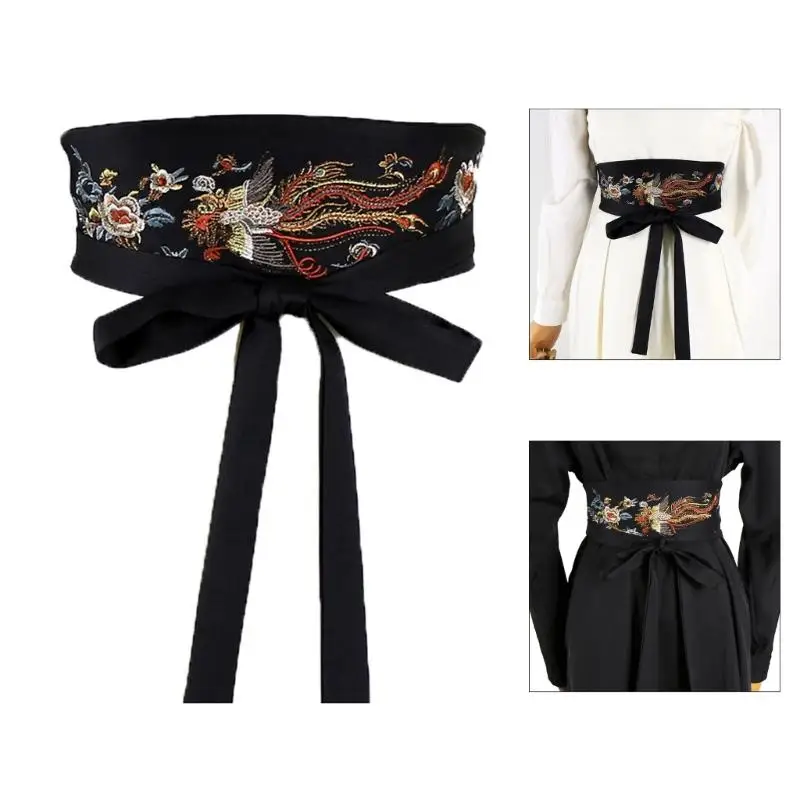 31BB Adjustable Fabric Waistband With Ancient Floral Embroidery Width Belt For Cultural Event Photography Costume