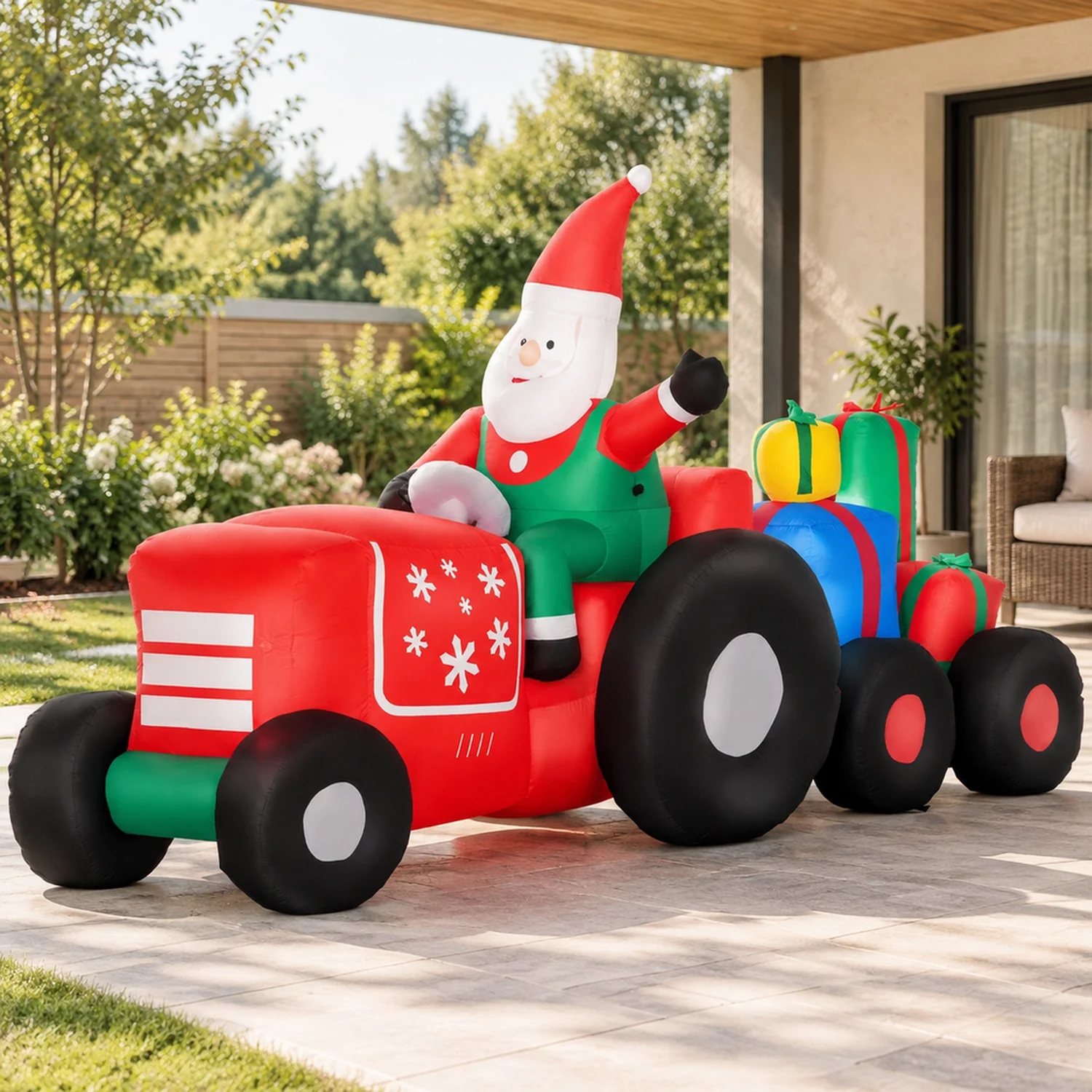 9ft Christmas Inflatables Outdoor Decorations Santa Claus Driving Trailer with Colorful Gift Boxes, Blow-Up LED Yard Decor for