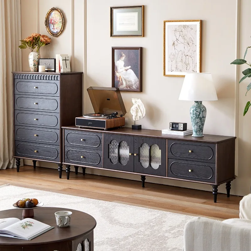 

American solid wood retro red oak living room TV cabinet bucket cabinet combination French simple multi-functional storage