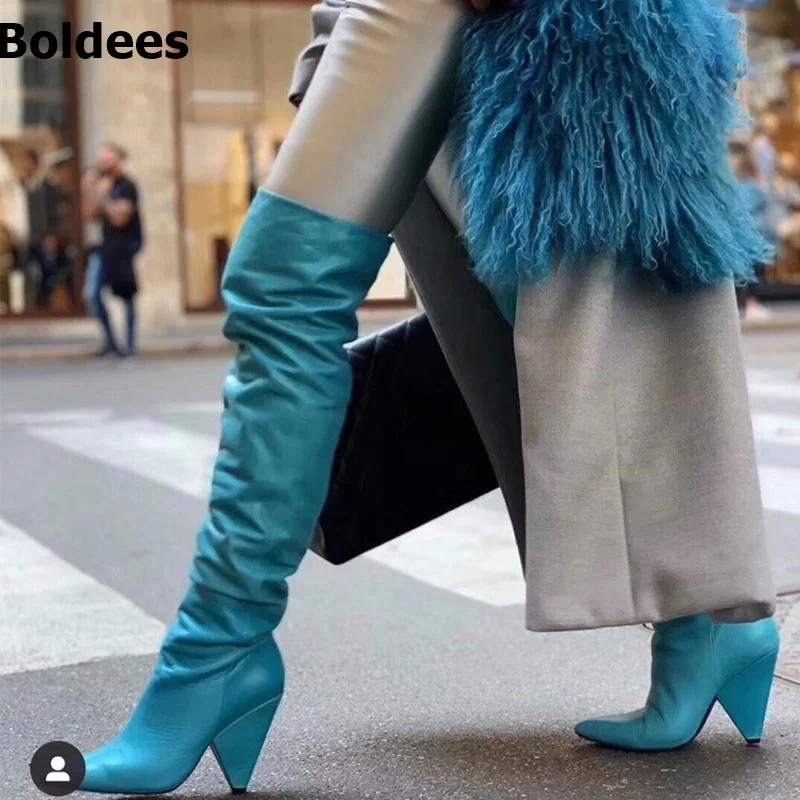 

Spike Chunky Heels Genuine Leather Over The Knee Pleated Long Boots Women Slim Fit Fashion Designer Bota Feminina