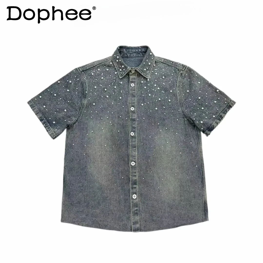 

Japanese Original Heavy Craft Rhinestone Pearl Denim Short Sleeve Turn-down Collar Shirt Vintage Washed Distressed Unisex Shirt