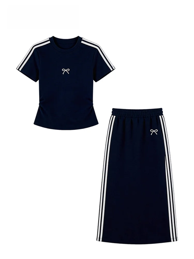 

plus Size Summer T-Shirt Skirt Set Women's Loose Fit Casual Style Short Sleeve Knot Embellished Fashion Ensemble