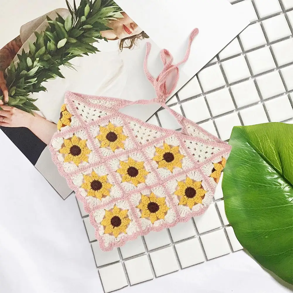 

Plant Element Head Wrap Crochet Head Scarf Flower Pattern Lace-up Breathable Elastic Plant Pattern Headgear Hair for Women