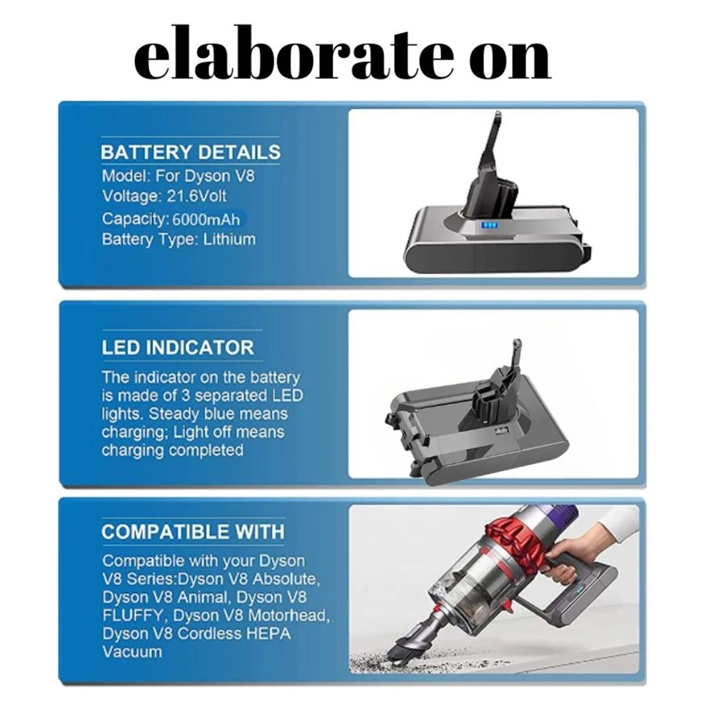 for Dyson V8 SV10 Replacement Battery 21.6V 6800mAh Cordless Vacuum DC62 Absolute Fluffy Animal Rechargeable Batterie