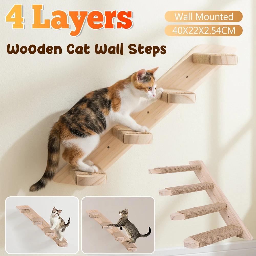 Escalera de escalada Reversible para gatos, estante de escalada para gatos de cuatro escalones montado en la pared, escaleras de madera maciza para gatos, escalones de pared para mascotas, marco de escalada para gatos