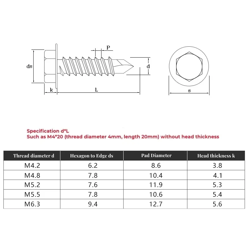 410 Stainless Steel M4.2 M4.8 M6.3 Hexagon Head Self-Drilling Screws Self-Tapping Dovetail Bolts Length=13~100mm