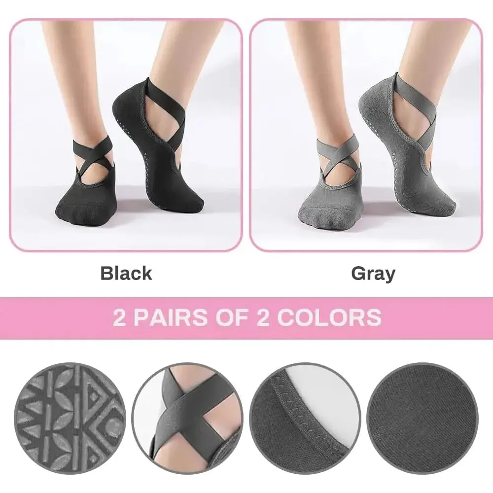 2 Pairs Women Yoga Socks Silicone Anti-slip Ballet Pilates Socks Cotton Ladies Backless Breathable Bandage Dance Sports Socks