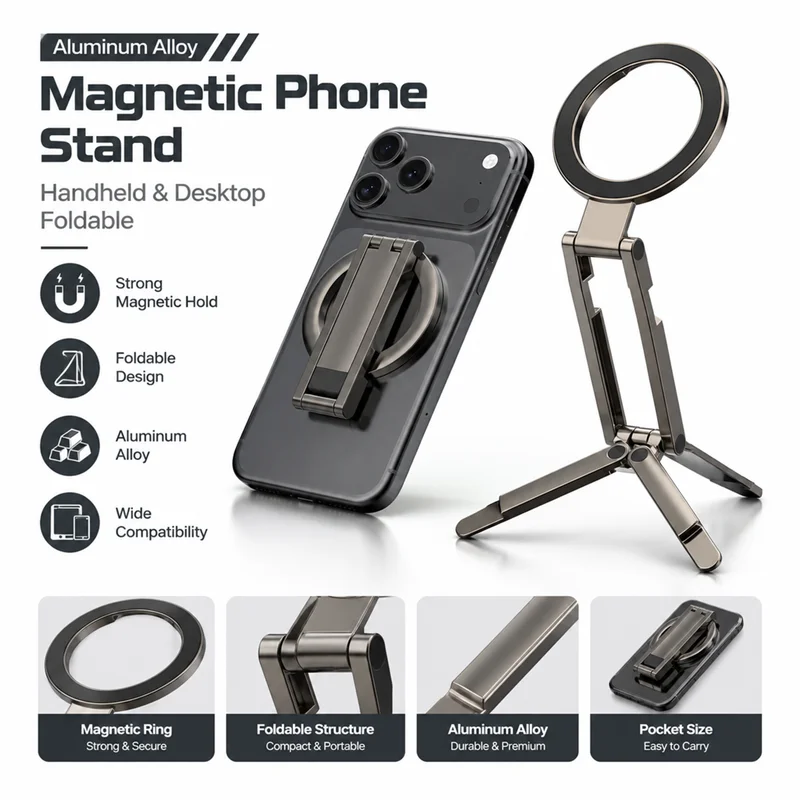 Aluminum Alloy Mini Magnetic Phone Stand Foldable Multi Angle Adjustable Portable Phone Holder for Iphone Android Smartphone