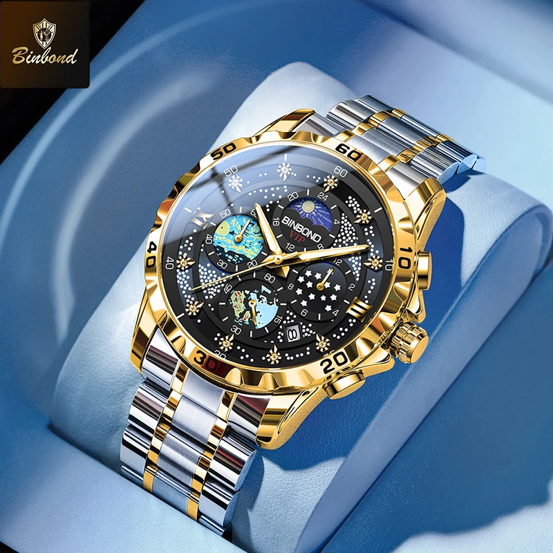 BINBOND Звездное небо Ван Гог Изысканные мужские часы Кварцевые водонепроницаемые светящиеся маленькие трехконтактные модные деловые мужские часы