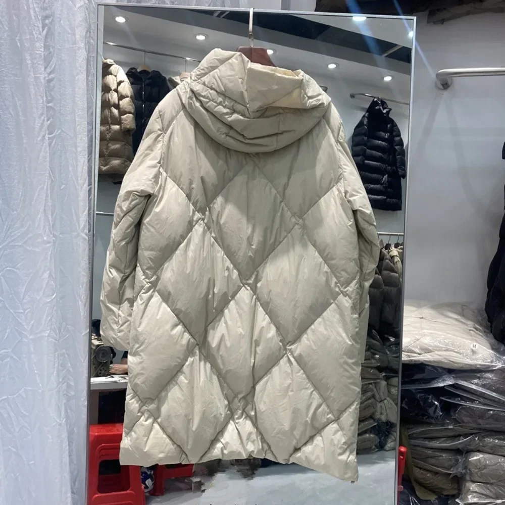 Down Jacket Women Autumn and Winter New Casual Fashion Warm Mid-Length Pressed Plaid White Duck Down Coat Fluffy Solid Color