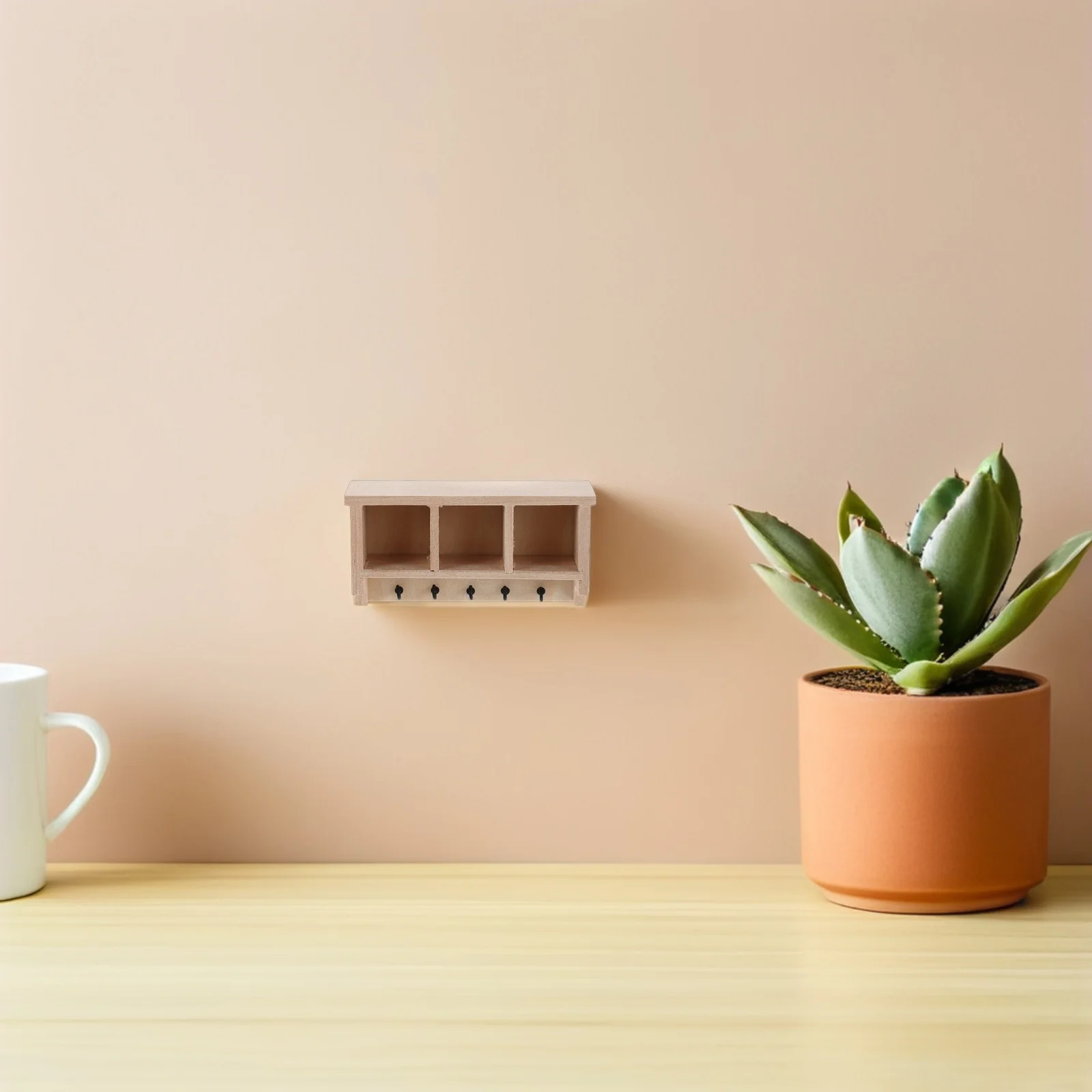 

1:12 Mini Dollhouse Shelving Unit Unfinished Wood Wall Rack with Hooks for Kitchen Entryway Hallway Storage Scene Diorama