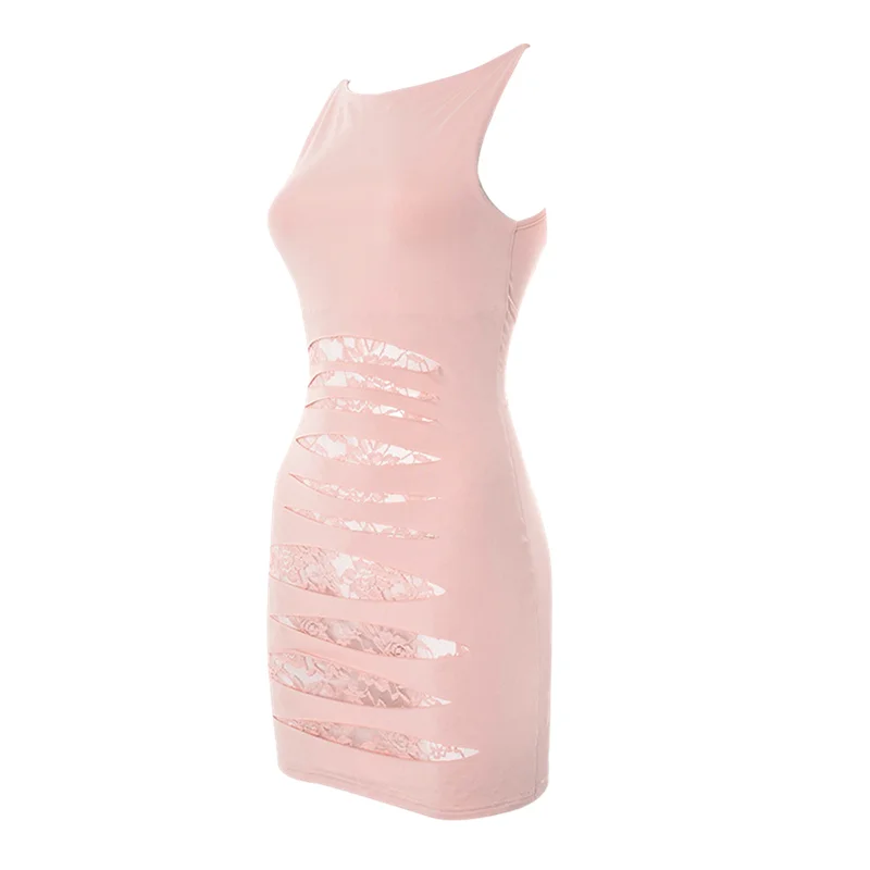 ABRT-여성 미니 드레스 보트넥 레이스 패치워크 시스루 드레스 슬리브리스 2025 루슈 바디콘 파티