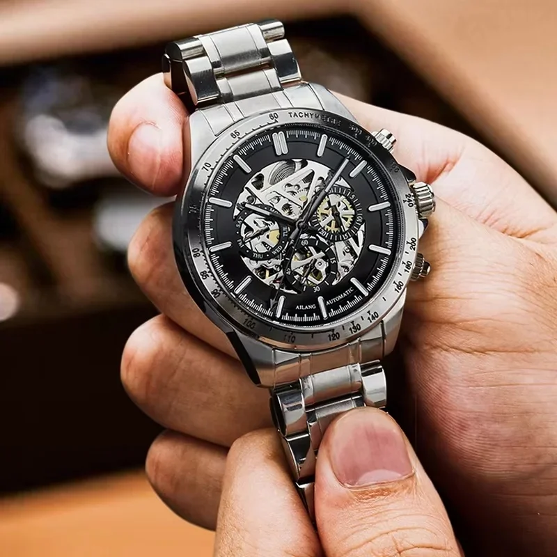 AILANG 8827 Skeleton Mechanical Watch Top Brand Luxury Men's Steampunk Transparent Hollow Automatic Watch Relogio Masculino