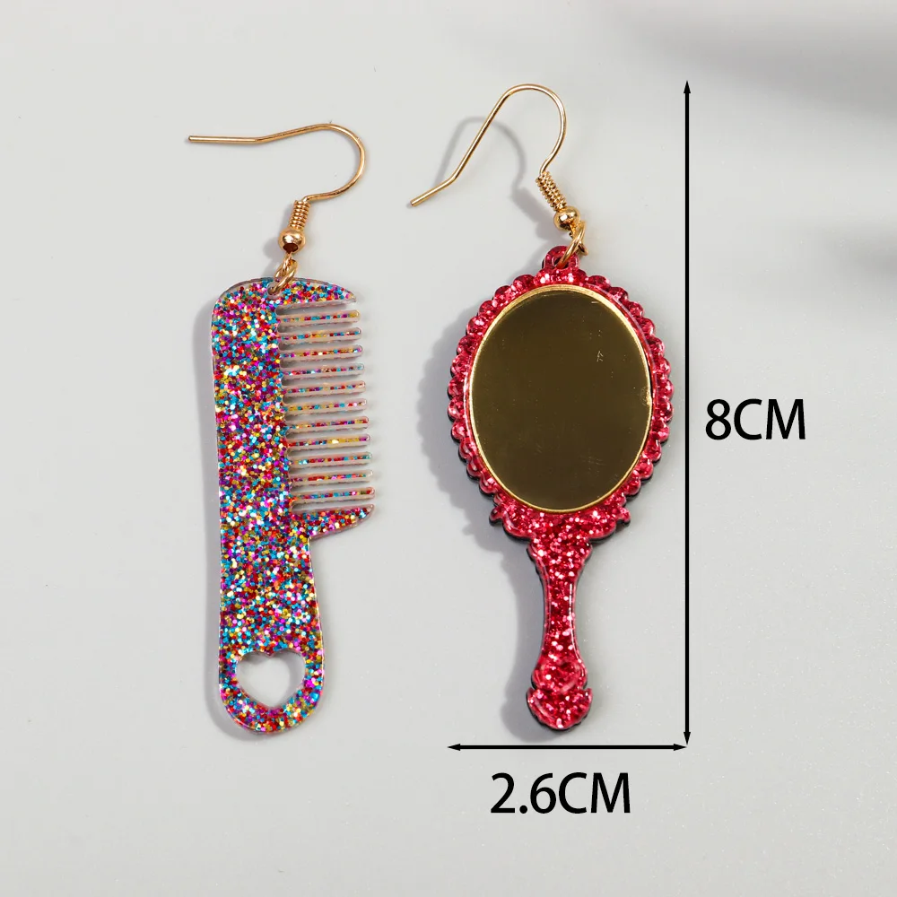 New Glitter Magic Mirror Comb Acrylic Drop Earrings for Women Funny Mini Makeup Mirror Asymmetric Statement Earring Y2K Jewelry