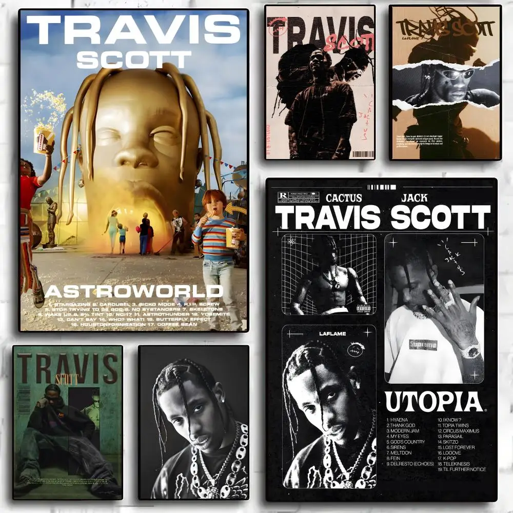 Travis Scott Rapper Hip Hop Portrait Poster Self-adhesive Advanced Aesthetic Printing Paper Wall Art for Living Room Home Decor