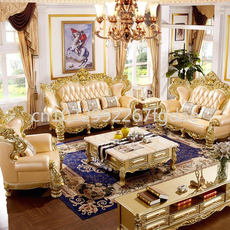 Italian Sofa Set Design, 1+2+3 Seats, Living Room Furniture, Golden Luxury Leather Living Room Sofa