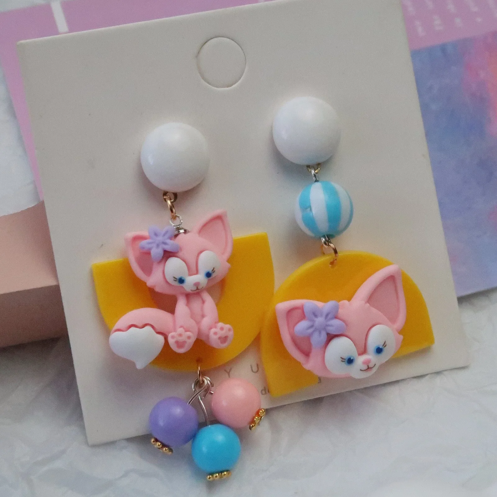 Cartoon Lina Bell Three-dimensional Stud Earrings Cute Pink Fox Beads Resin Cartoon Earrings Girl Accessories Birthday Gifts