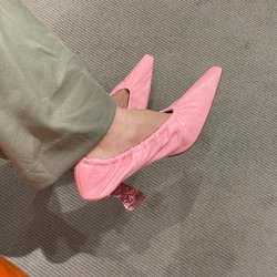 New Small Square Head Thick Heel Soft Leather Shallow Mouth Witch Shoes Crystal Heel Comfortable Retro High Heel Single Shoes