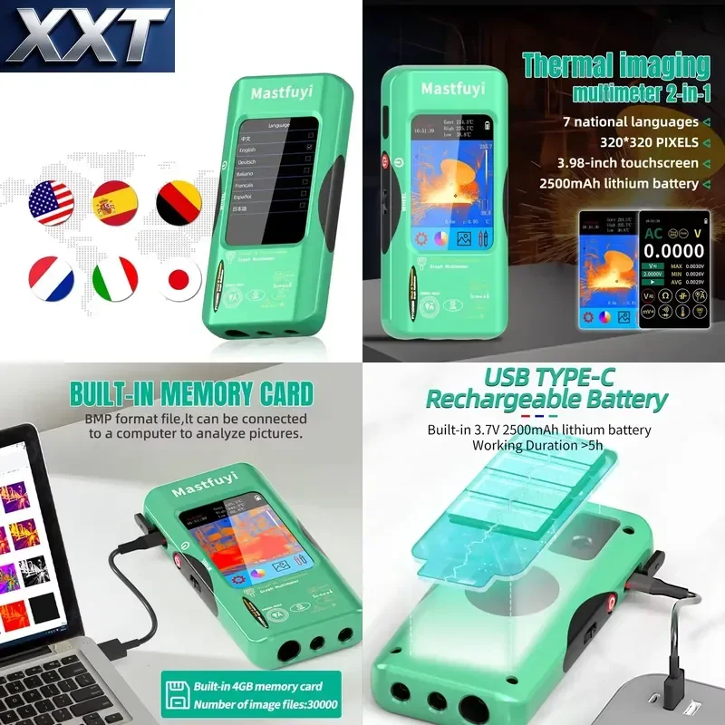 XXT Industrial 320*320 Thermal Camera 3.98 Inch PCB 15 Color Palettes 4GB Storage 20000 Counts Multimeter Electrical
