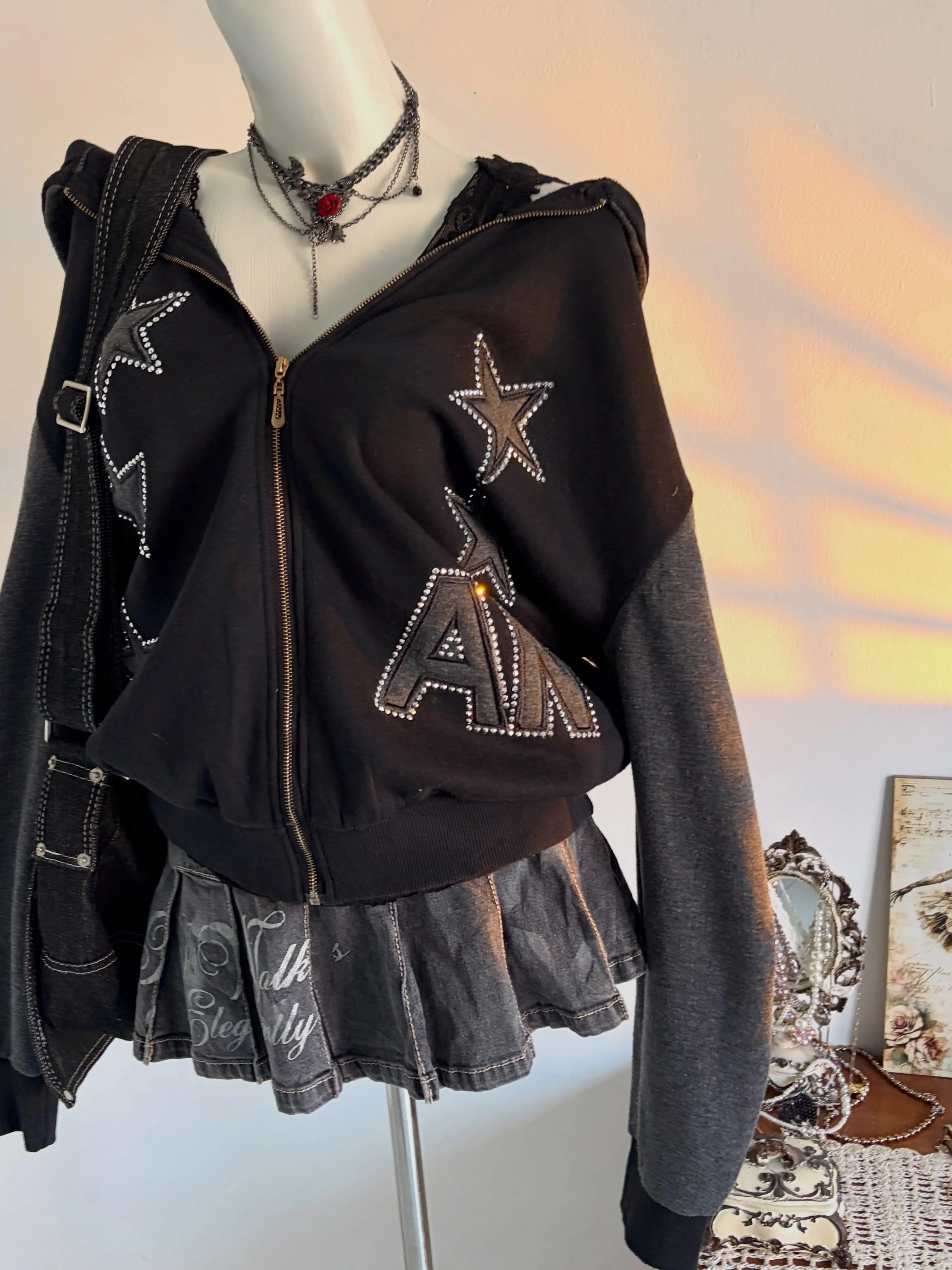 Grunge Alt Women Cropped Hooded Jacket Star Rhinestone Color Block Zip Up Long Sleeve Y2K Street Sweatshirt