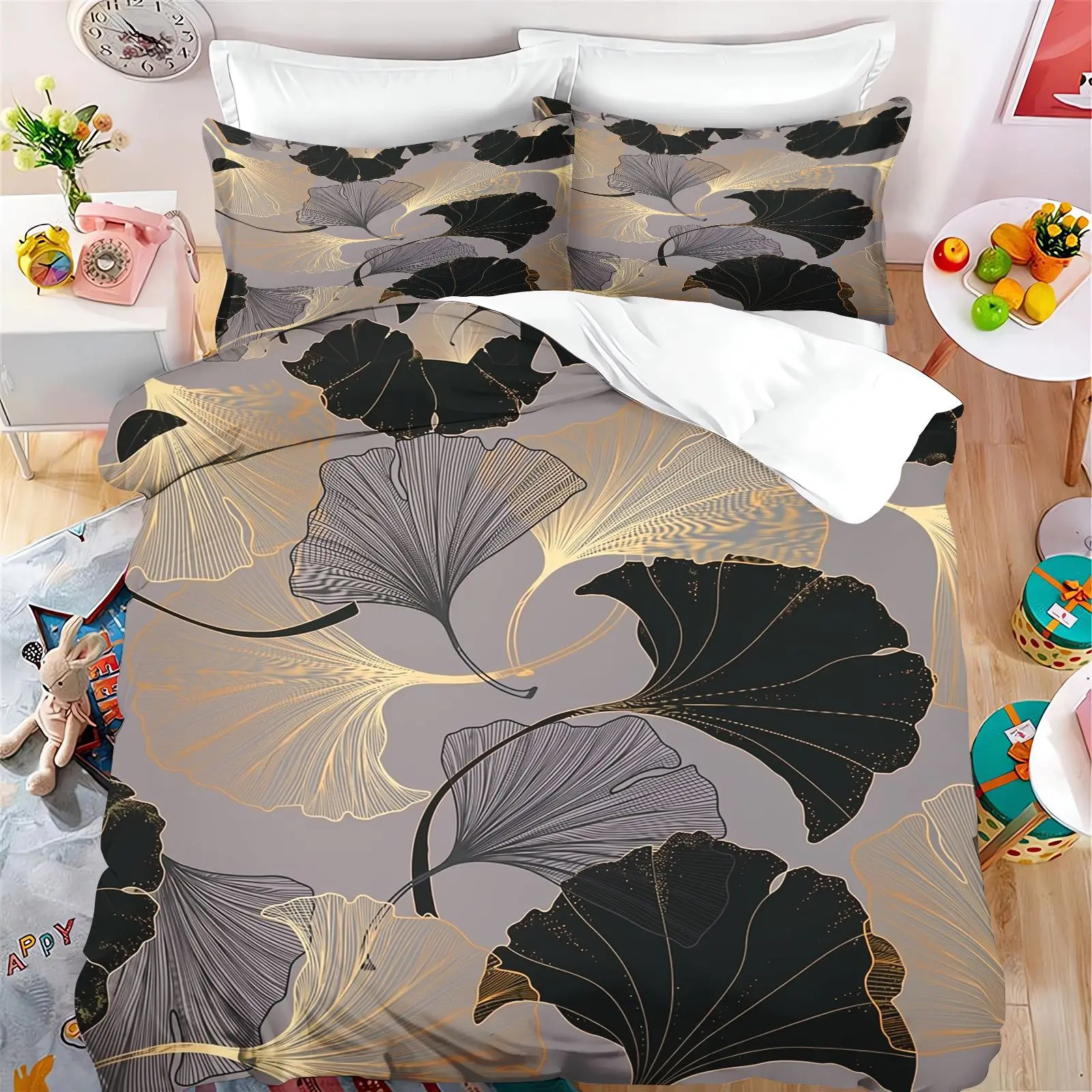 Bedding Set Duvet Cover Set Golden Ginkgo Leaf  Modern Abstract  Soft Fabric Quilt Cover for Bedroom Decor