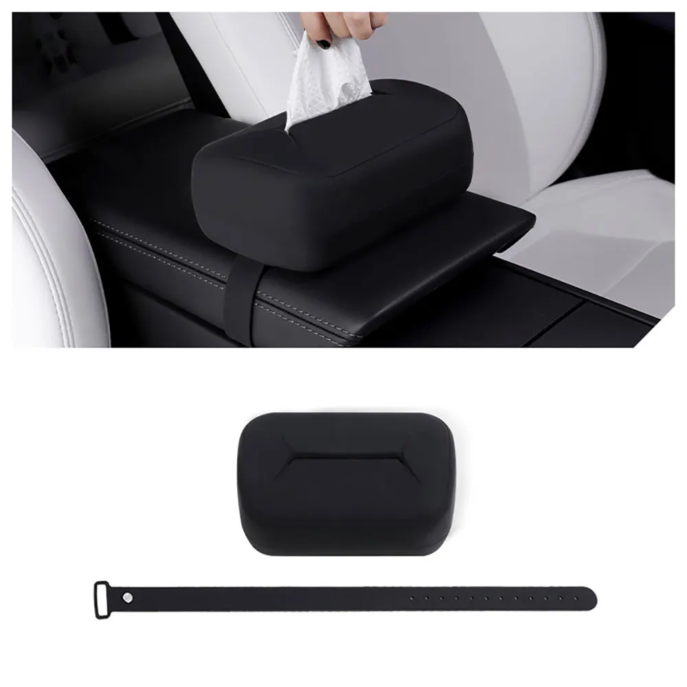 

For Tesla Model Y 3 X S Car Tissue Box Seat Back Hanging Silicone Tissue Holder Box with Fix Strap Auto Interior Accessories