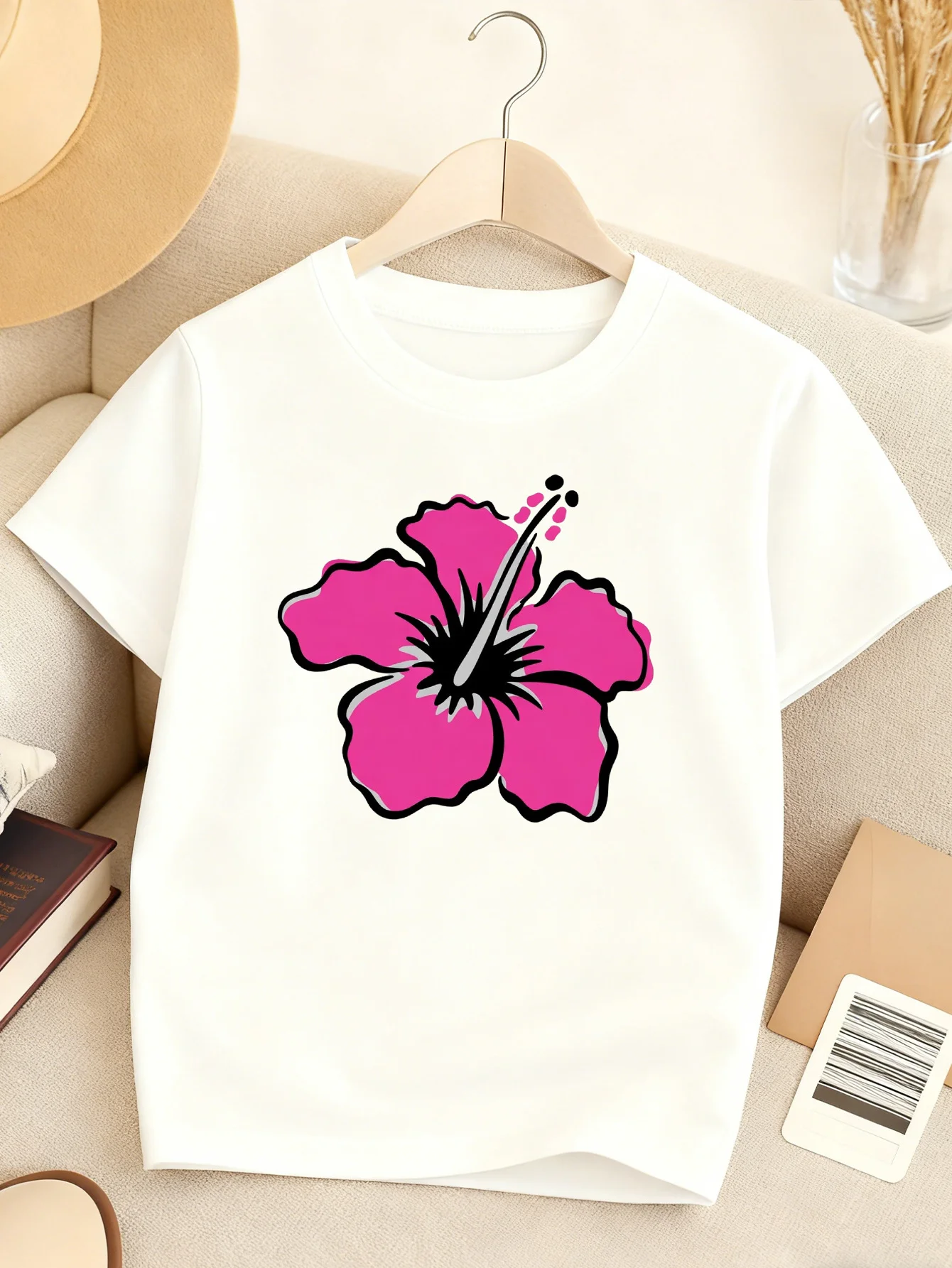Bright Pink Hibiscus Flower Tropical Floral Cartoon Graphic Kids T Shirt Boys Girls Family Matching Summer Crew Neck Casual Tee