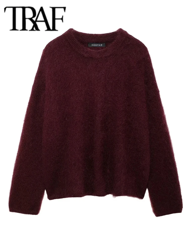 TRAF Women Vintage Wine Red Sweater Long Sleeve Knitted Pullover Top 2024 Fashion Autumn Winter Female Casual Loose Sweaters