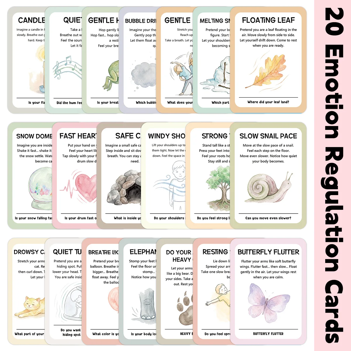 20 cartes de régulation émotionnelle, exercices de respiration et de mise en terre pour la pleine conscience, pour coin de détente, thérapie, salle de classe, outils d'autosoins