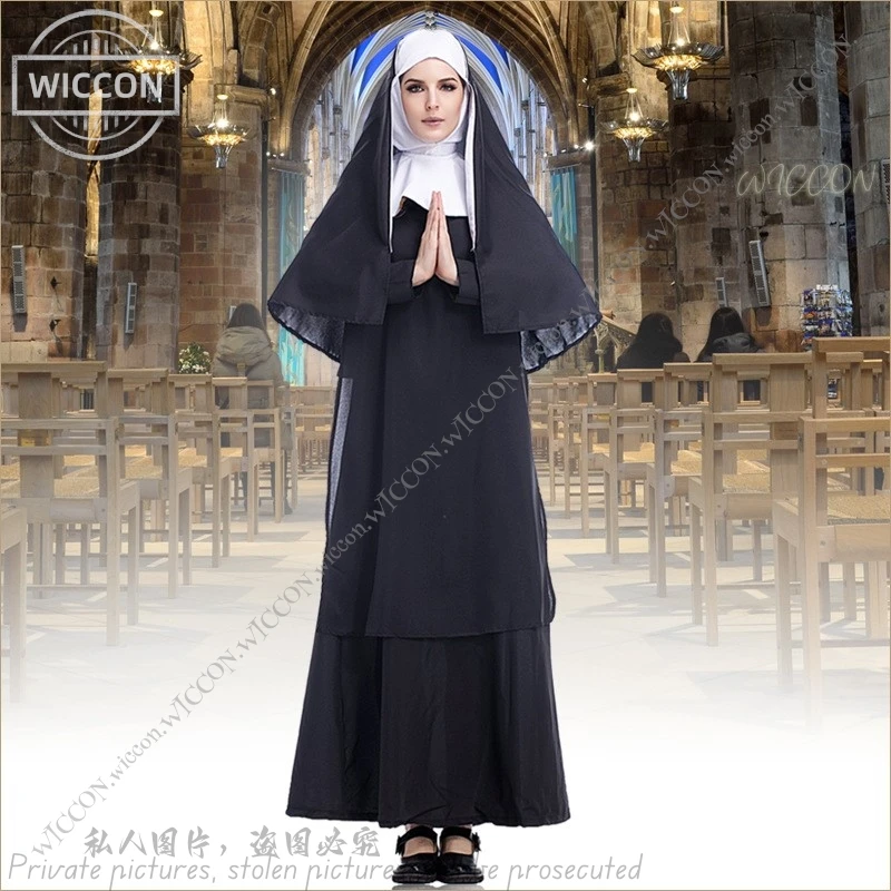 Nun Costume Halloween Costumes Cosplay Medieval Women Adult Blessed Church Costume Carnival Stage Costume Party Dress Up Props